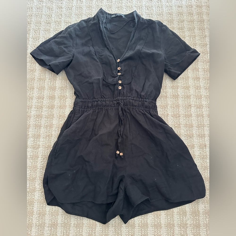 Black Linen Button-Up Romper